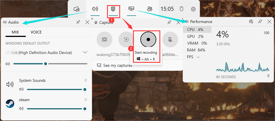 Xbox Game Bar в Windows 10 с панелями Audio и Capture