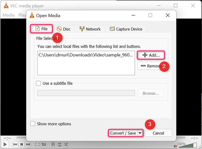 Окно Open Media в VLC с добавленным файлом и кнопкой Convert Save