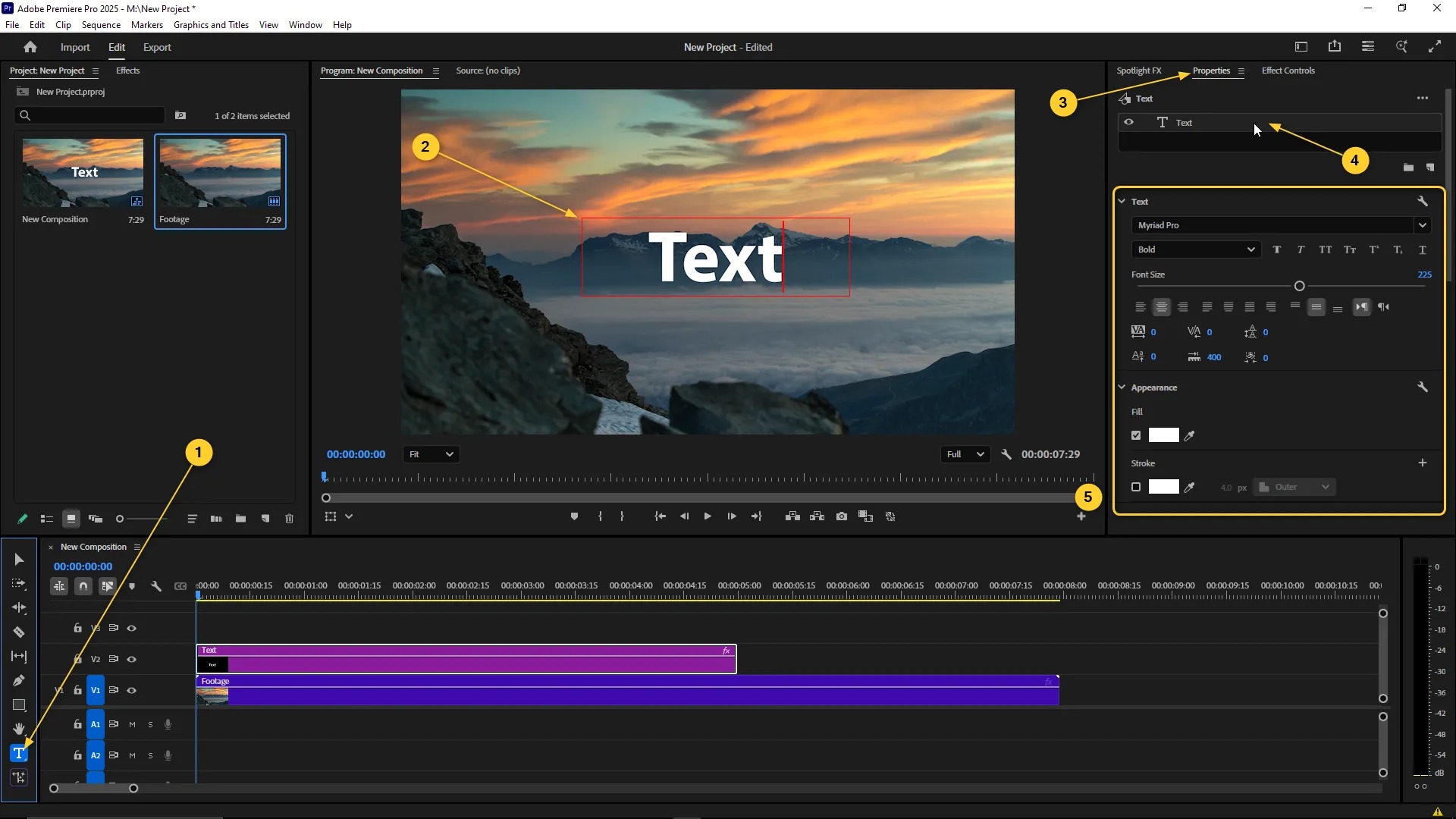 Adobe Premiere с выделенным текстом и панелью Properties