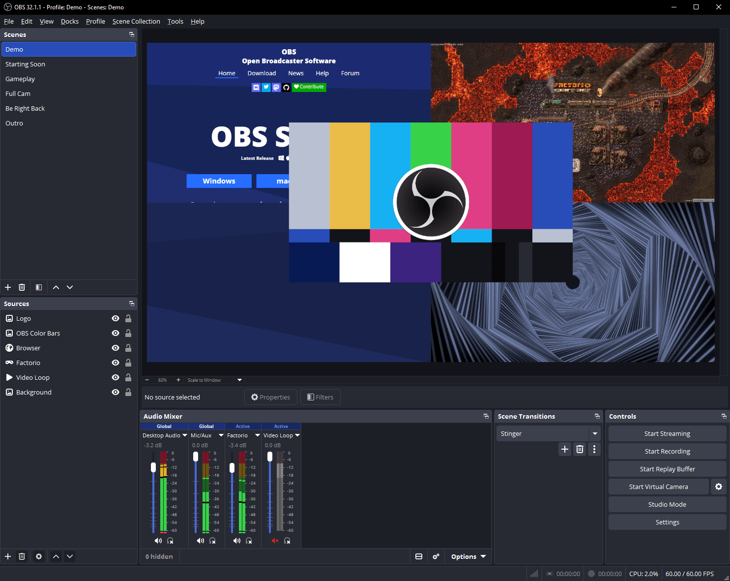 Главное окно OBS Studio со сценами, источниками и аудиомикшером