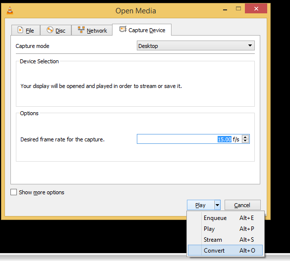 Окно Convert в VLC с профилем MP4, выходным файлом и кнопкой Start