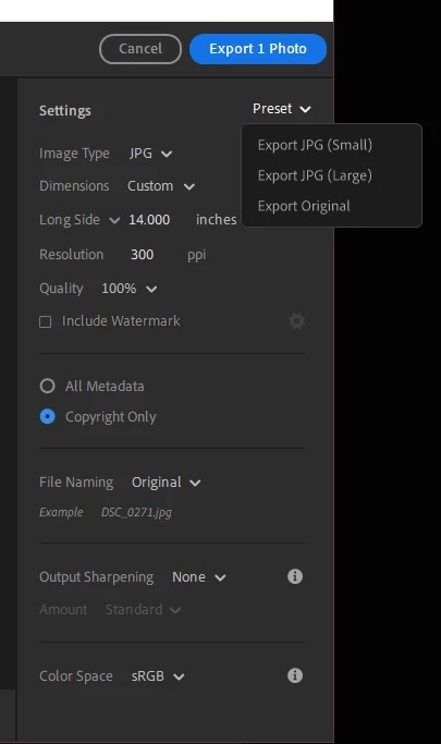 Окно экспорта Adobe Lightroom desktop с выбором JPG, размеров и качества