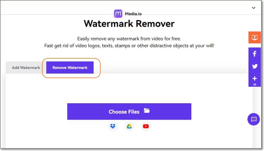 Веб-интерфейс Media.io Watermark Remover для загрузки видео