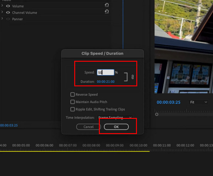 Окно Clip Speed Duration в Adobe Premiere Pro