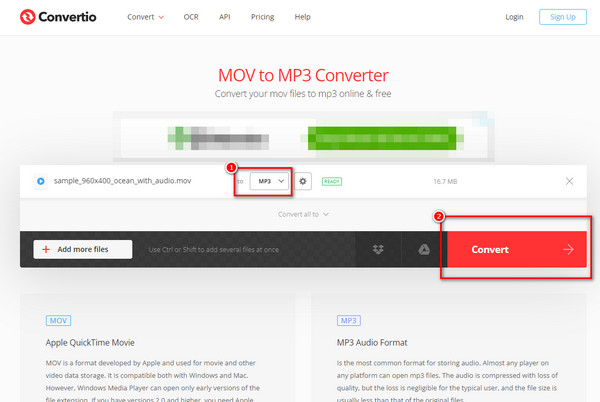 Интерфейс Convertio для преобразования MOV в MP3