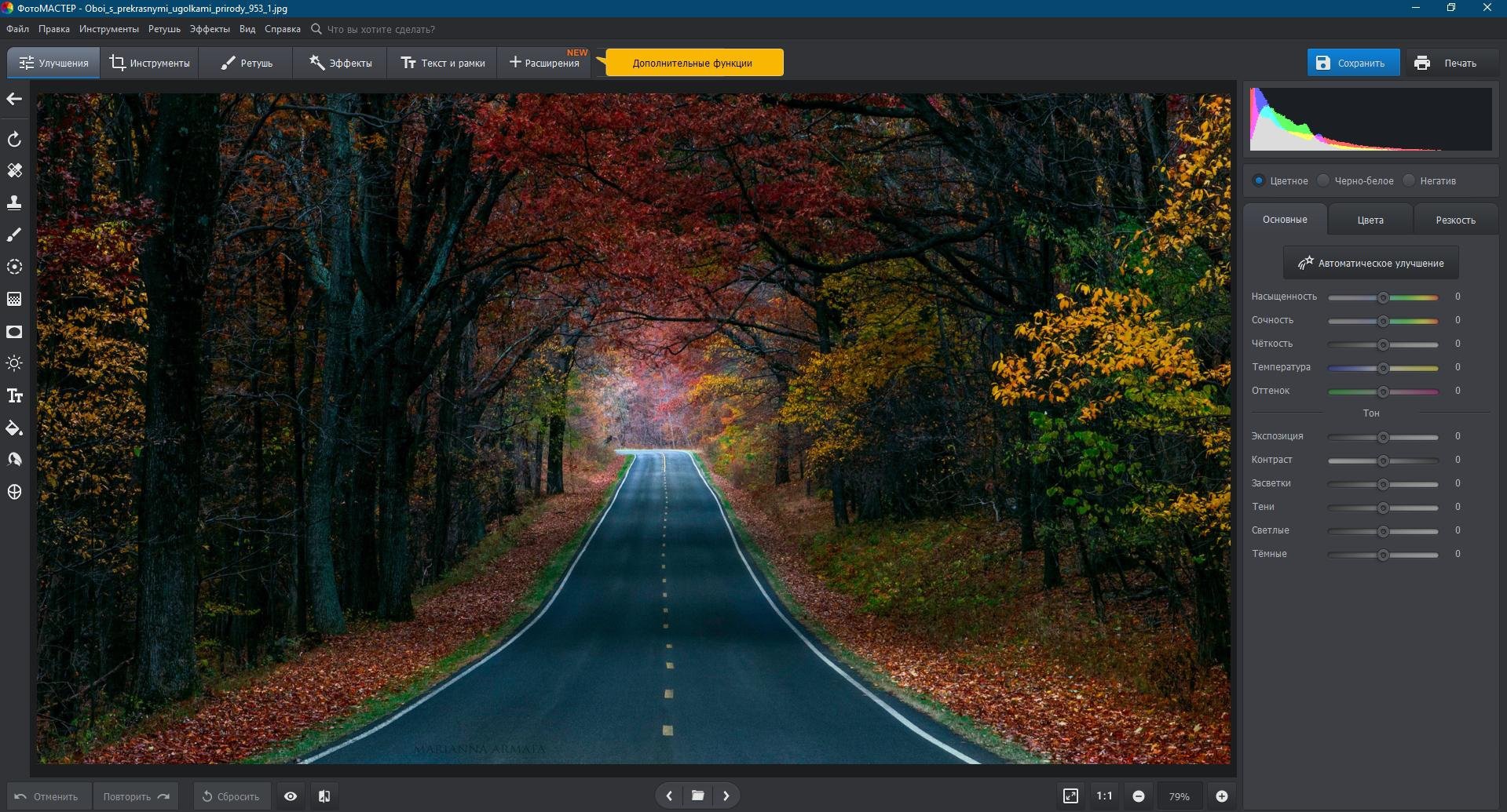 Рабочее окно ФотоМАСТЕР с открытой фотографией и панелью инструментов