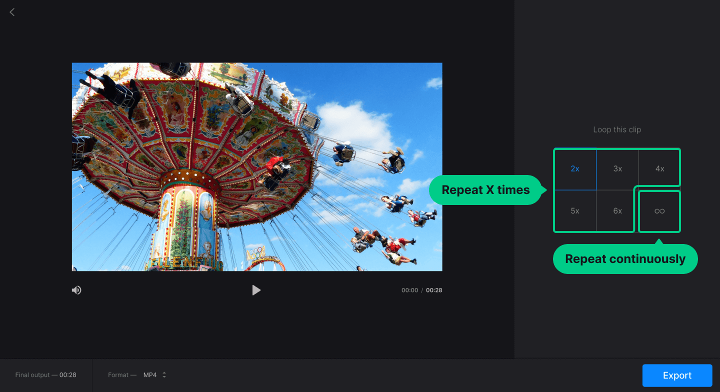 Инструмент Loop Video в Clideo с вариантами повторения и кнопкой Export