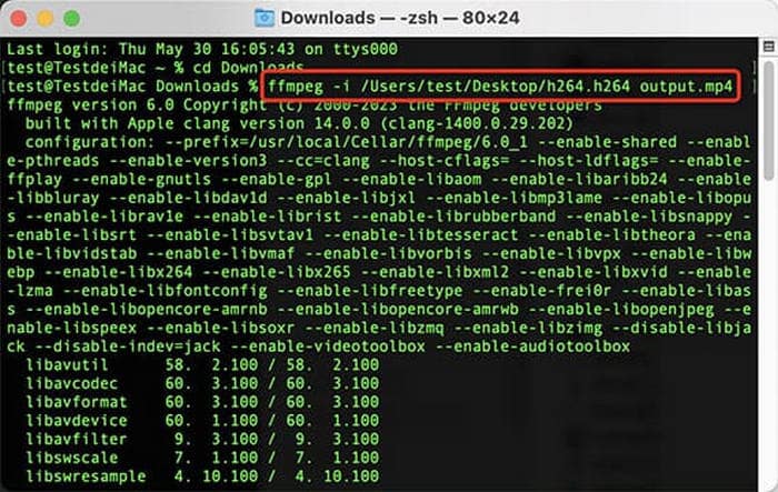 Команда FFmpeg в терминале для обработки H.264