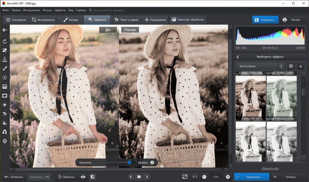 Интерфейс ФотоМАСТЕР с обработкой фотографии в винтажном стиле