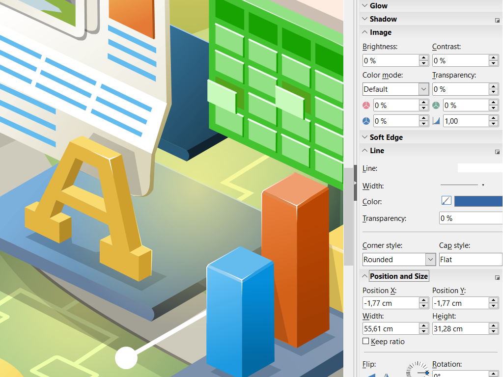 Интерфейс LibreOffice Draw с векторной иллюстрацией и панелью свойств