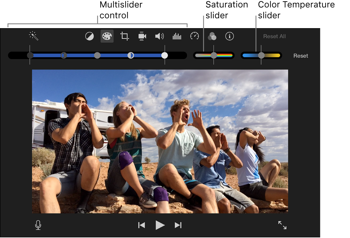 Интерфейс iMovie на Mac с панелью цветокоррекции над окном просмотра