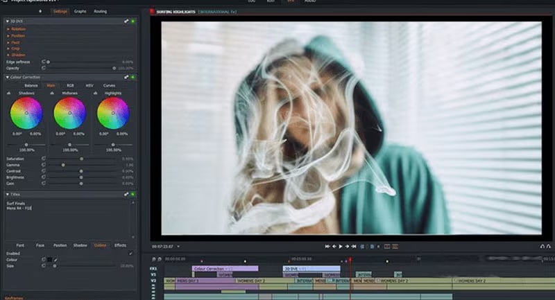 Интерфейс Lightworks с цветокоррекцией, Viewer и многодорожечным таймлайном