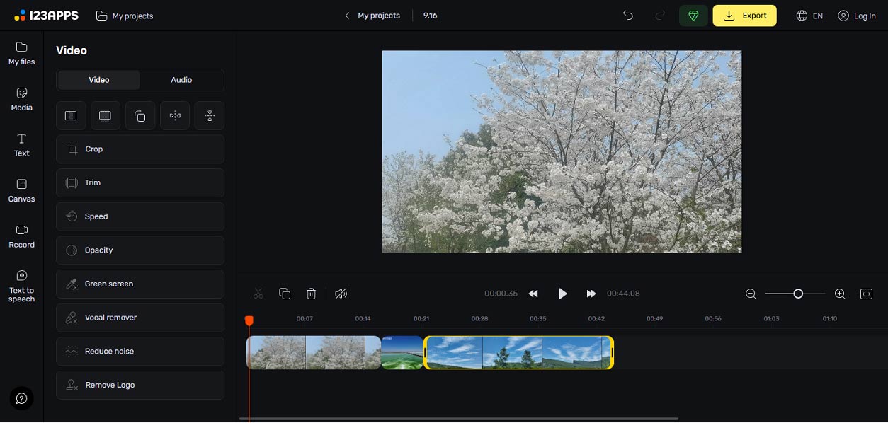 Современный интерфейс 123apps Online Video Cutter с видеоклипом на временной шкале