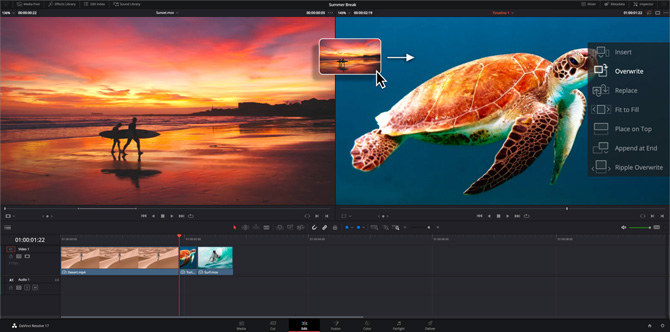 Таймлайн и окно предпросмотра DaVinci Resolve