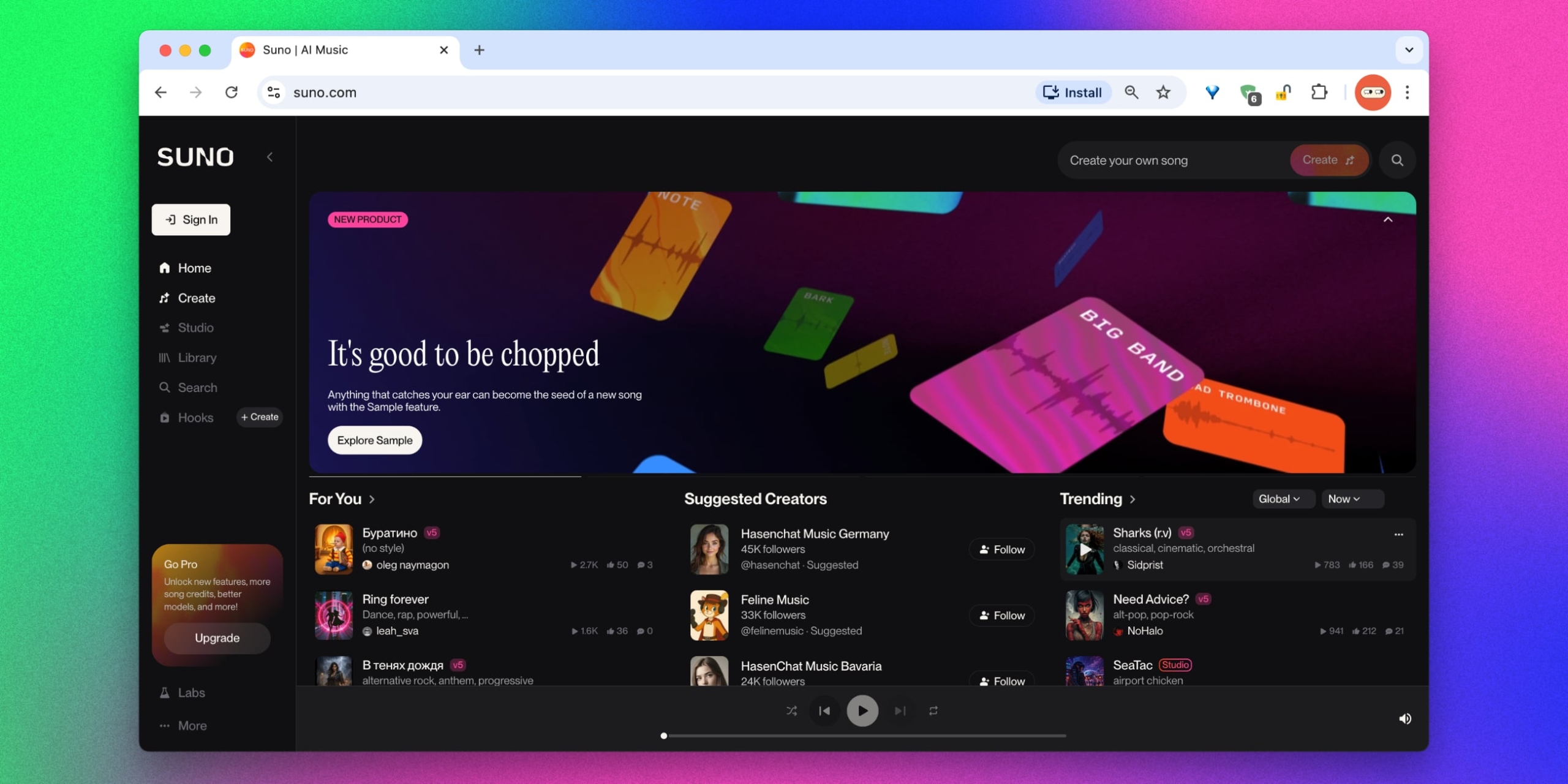 Веб-интерфейс Suno с разделами Create, Studio и Library