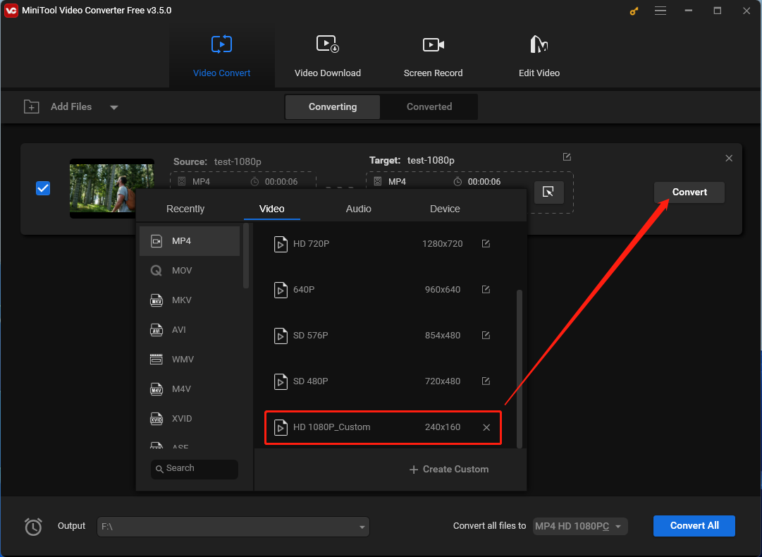 MiniTool Video Converter с открытым списком профилей MP4 и кнопкой Convert