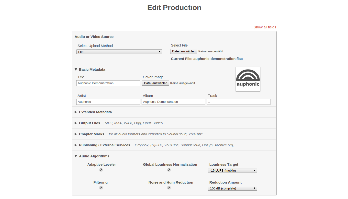 Интерфейс Auphonic Edit Production с алгоритмами обработки и целевой громкостью