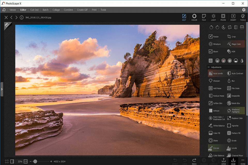 Интерфейс PhotoScape X с фотографией и панелью коррекции справа