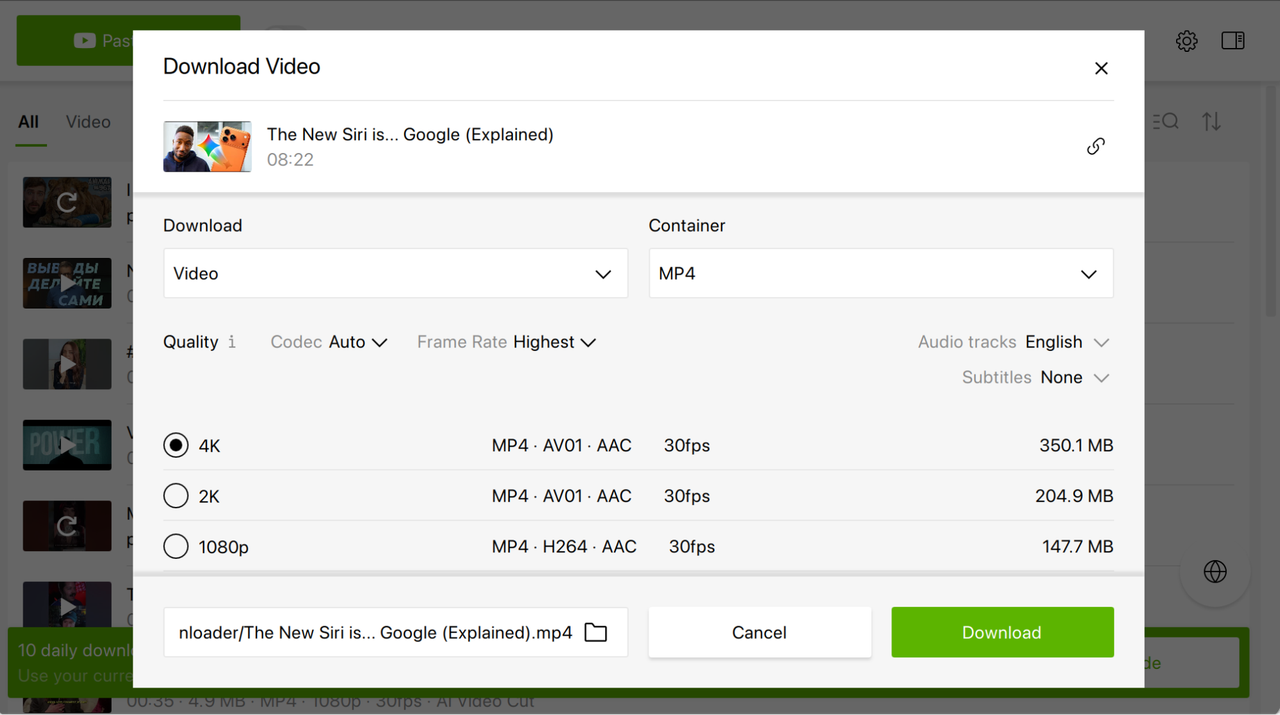 Окно выбора качества в 4K Video Downloader Plus
