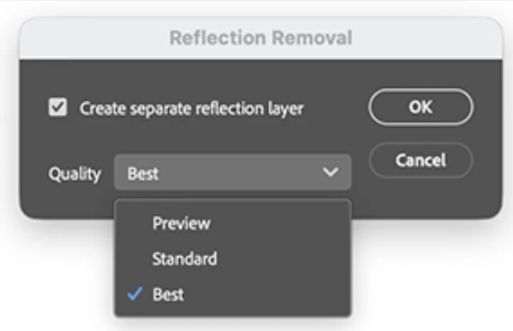 Диалог Reflection Removal в Photoshop с отдельным слоем отражения и выбором качества