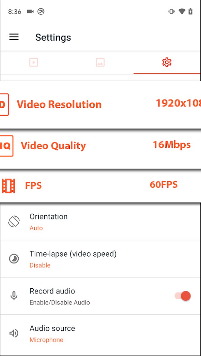 Настройки видео и звука в AZ Screen Recorder на Android