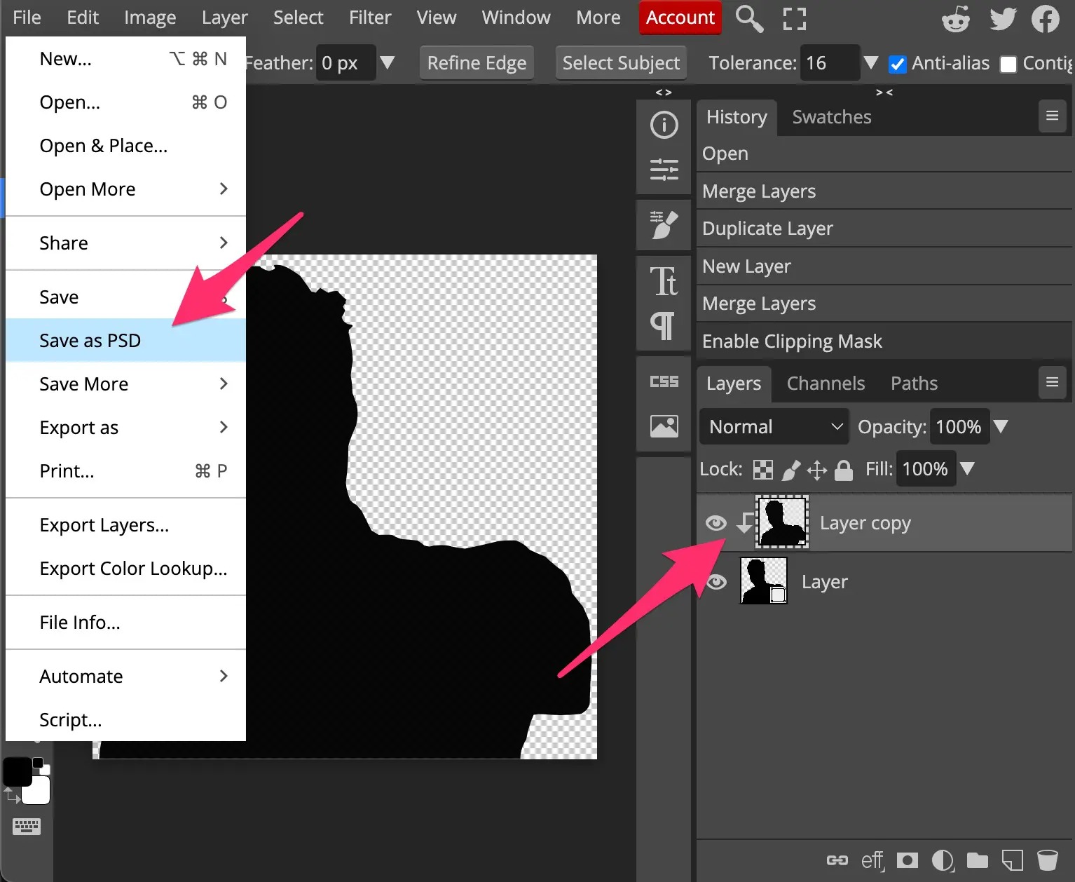 Photopea с открытым меню File и панелью Layers с маской слоя