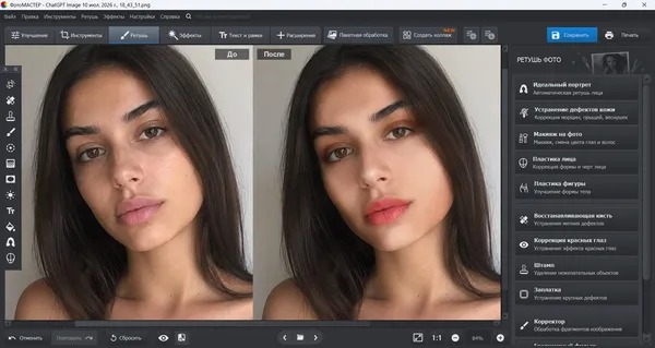 Интерфейс ФотоМАСТЕРа с портретной ретушью и сравнением до и после