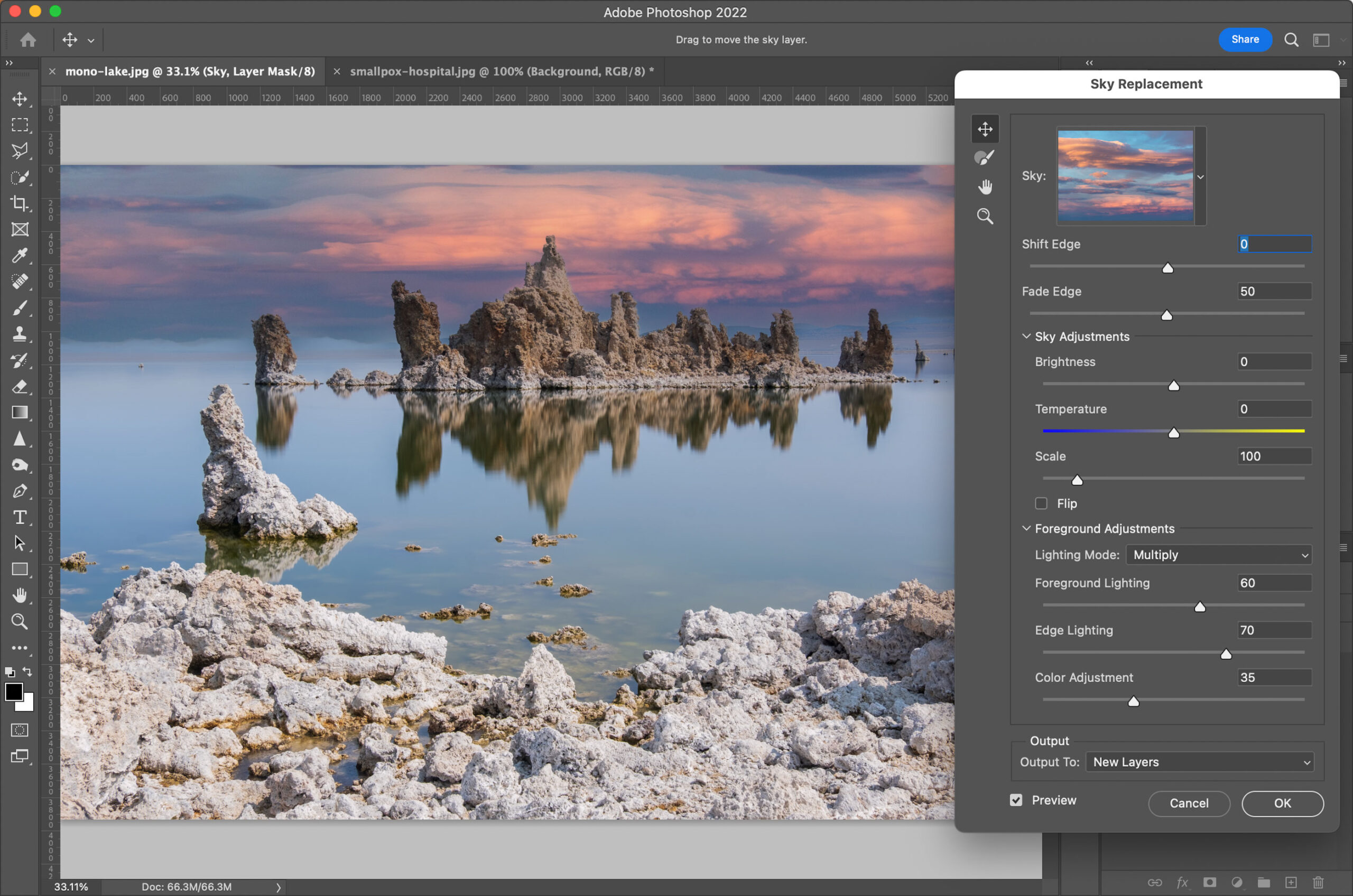 Диалог Sky Replacement в Adobe Photoshop с настройками границы, яркости и освещения переднего плана