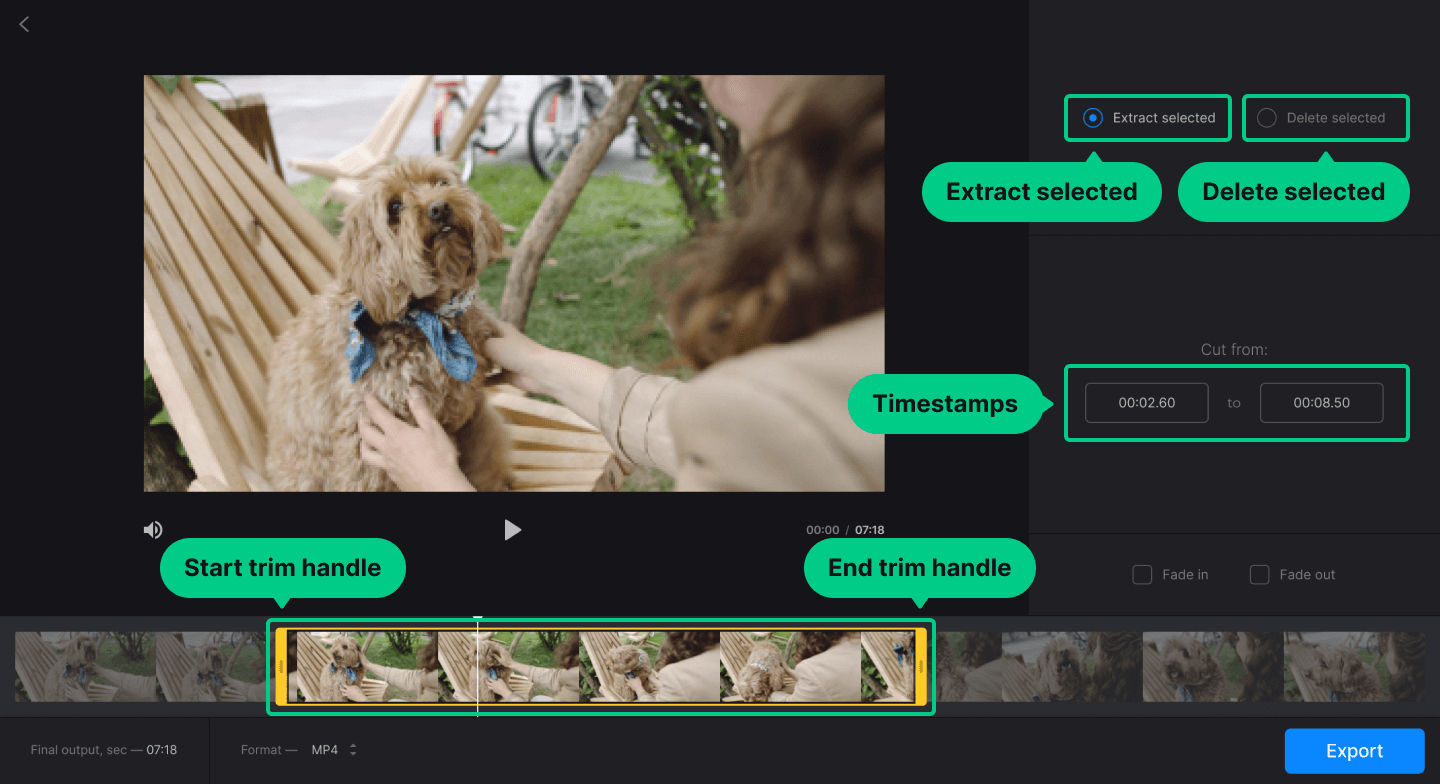 Окно Clideo Video Cutter с режимами Extract Selected и Delete Selected, таймкодами и маркерами