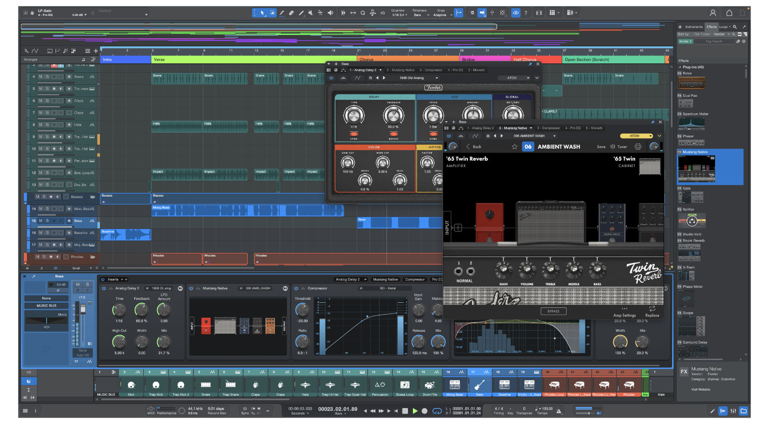 Интерфейс Fender Studio Pro 8 с аранжировкой, эффектами и гитарным усилителем