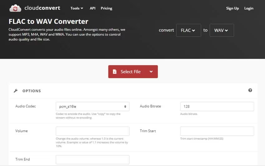 Интерфейс CloudConvert для FLAC в WAV с параметрами аудиокодека