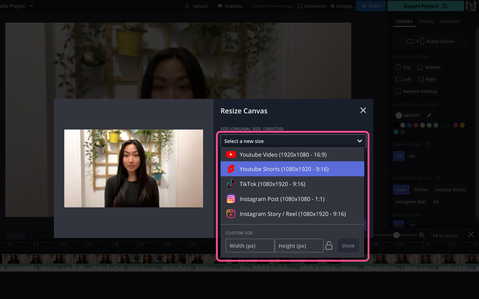 Окно Resize Canvas с пресетами и Custom Size в Kapwing
