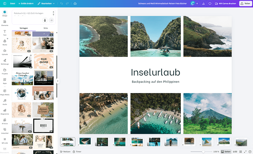 Интерфейс Canva с макетом фотокниги и панелью страниц