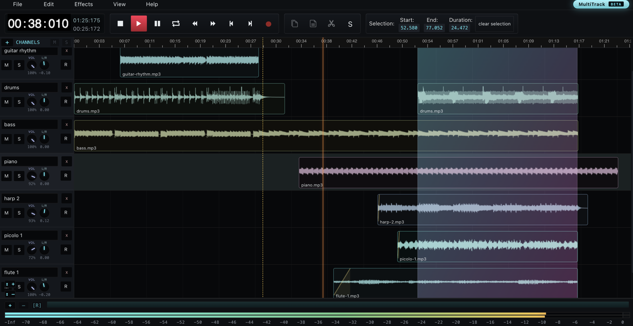 Многодорожечный режим AudioMass с несколькими клипами и микшером