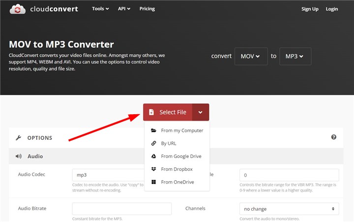 Интерфейс CloudConvert MOV to MP3 с выбором файла и параметров аудио