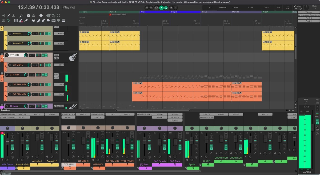 Интерфейс REAPER 7 с MIDI и аудиодорожками, временной шкалой и микшером