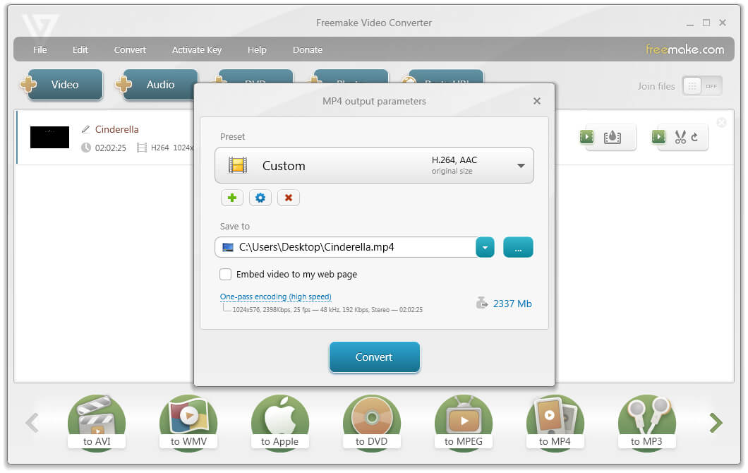 Окно MP4 output parameters в Freemake Video Converter