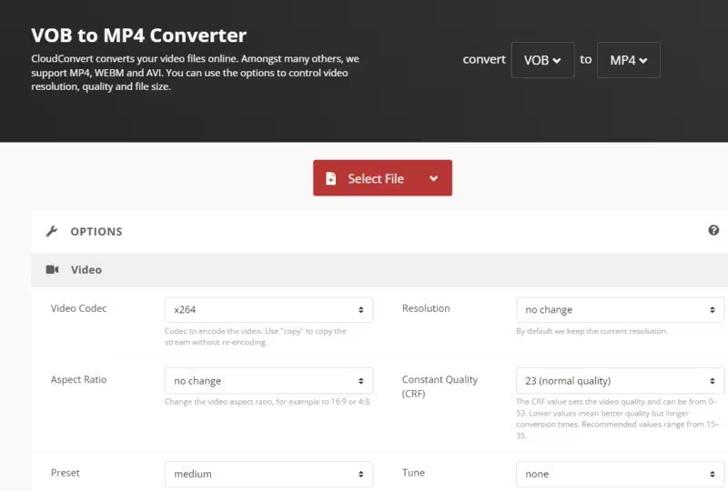 Веб-интерфейс CloudConvert для VOB в MP4 с кнопкой Select File и настройками видео