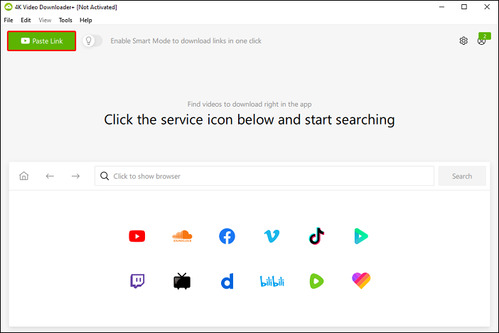 Интерфейс 4K Video Downloader с кнопкой Paste Link и переключателем Smart Mode