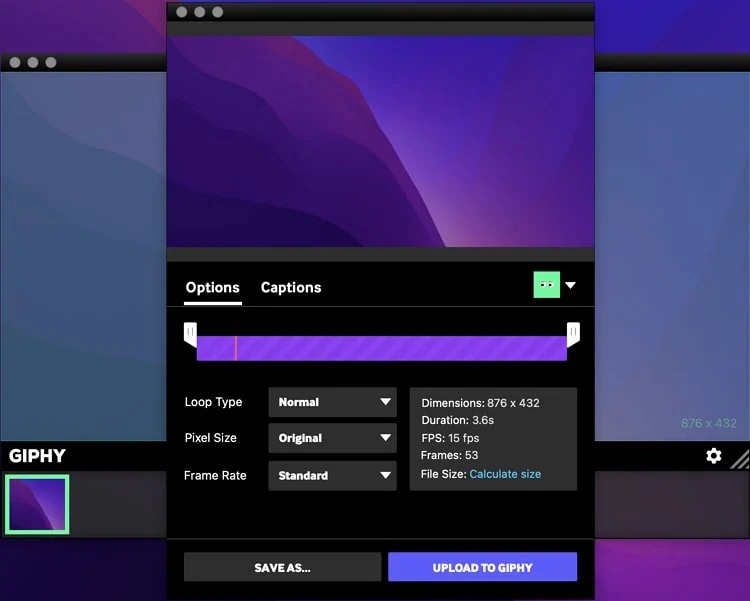 Редактор GIPHY Capture на Mac с параметрами Loop Type, Pixel Size, Frame Rate и кнопками Save As и Upload to GIPHY