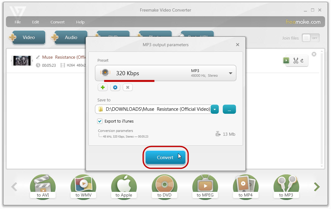 Окно Freemake Video Converter с параметрами MP3