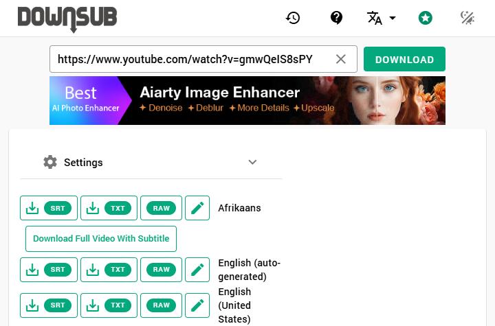 Интерфейс DownSub со списком языков и вариантами SRT и TXT