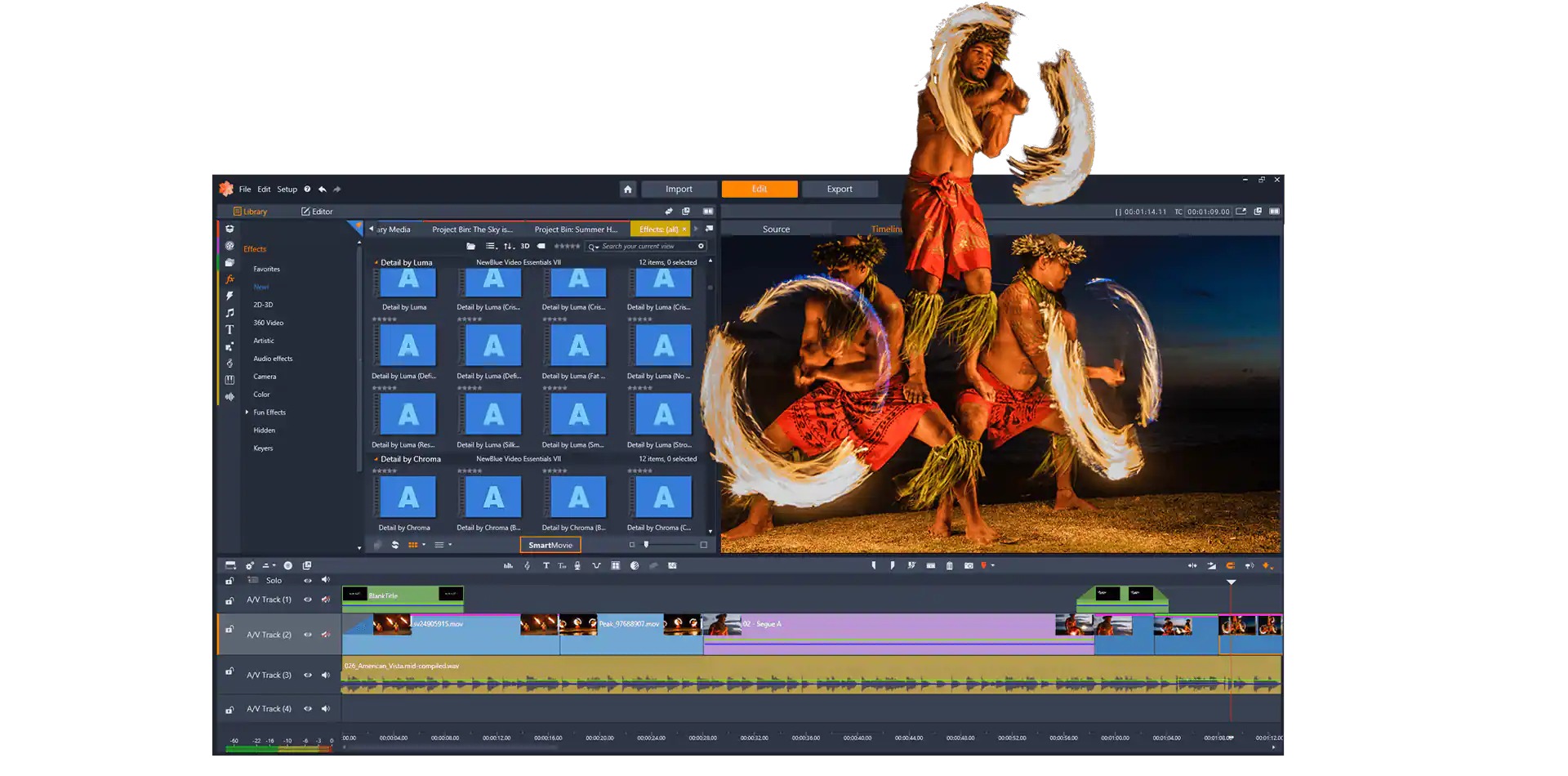 Интерфейс Pinnacle Studio 26 с библиотекой, предпросмотром и таймлайном