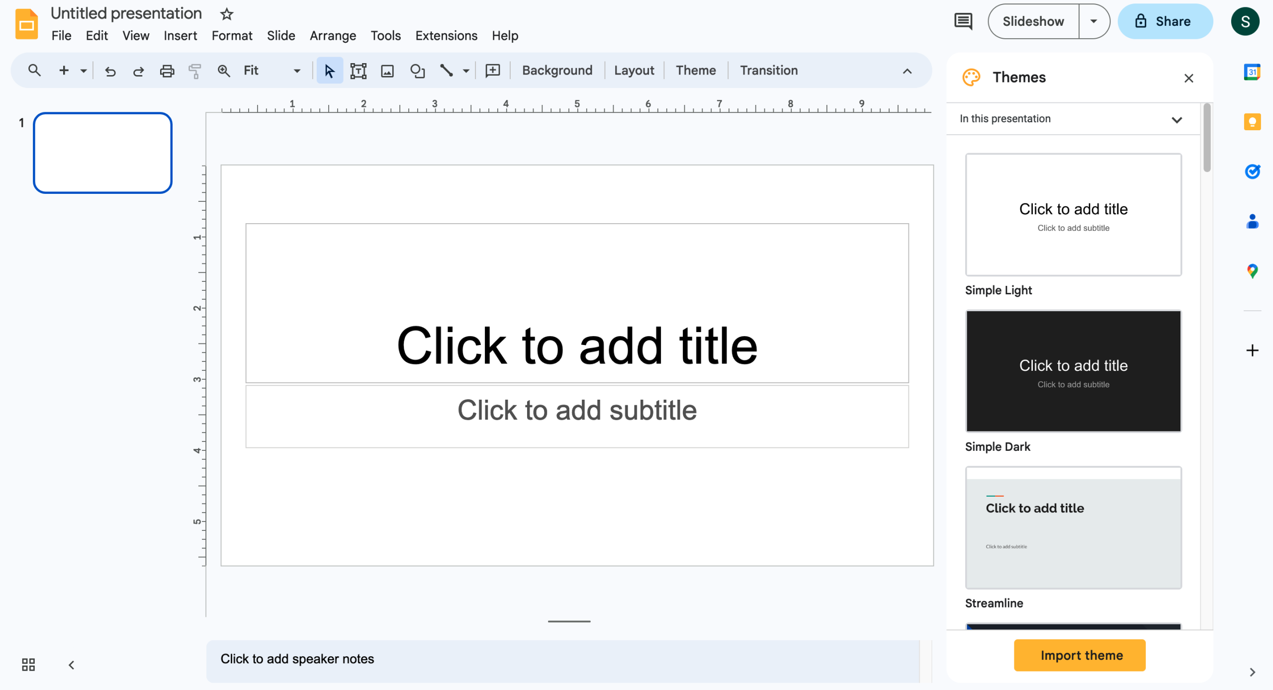 Интерфейс Google Slides с меню, панелью инструментов, рабочим слайдом и заметками докладчика