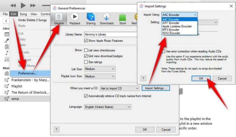 Окно Import Settings в iTunes с выбором WAV Encoder