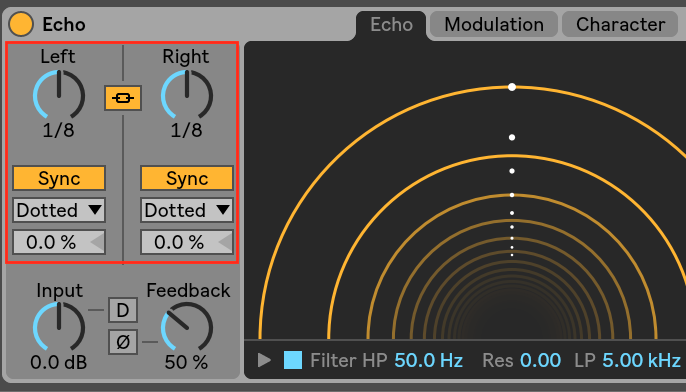 Устройство Echo в Ableton Live с настройками Left Right Sync Input и Feedback