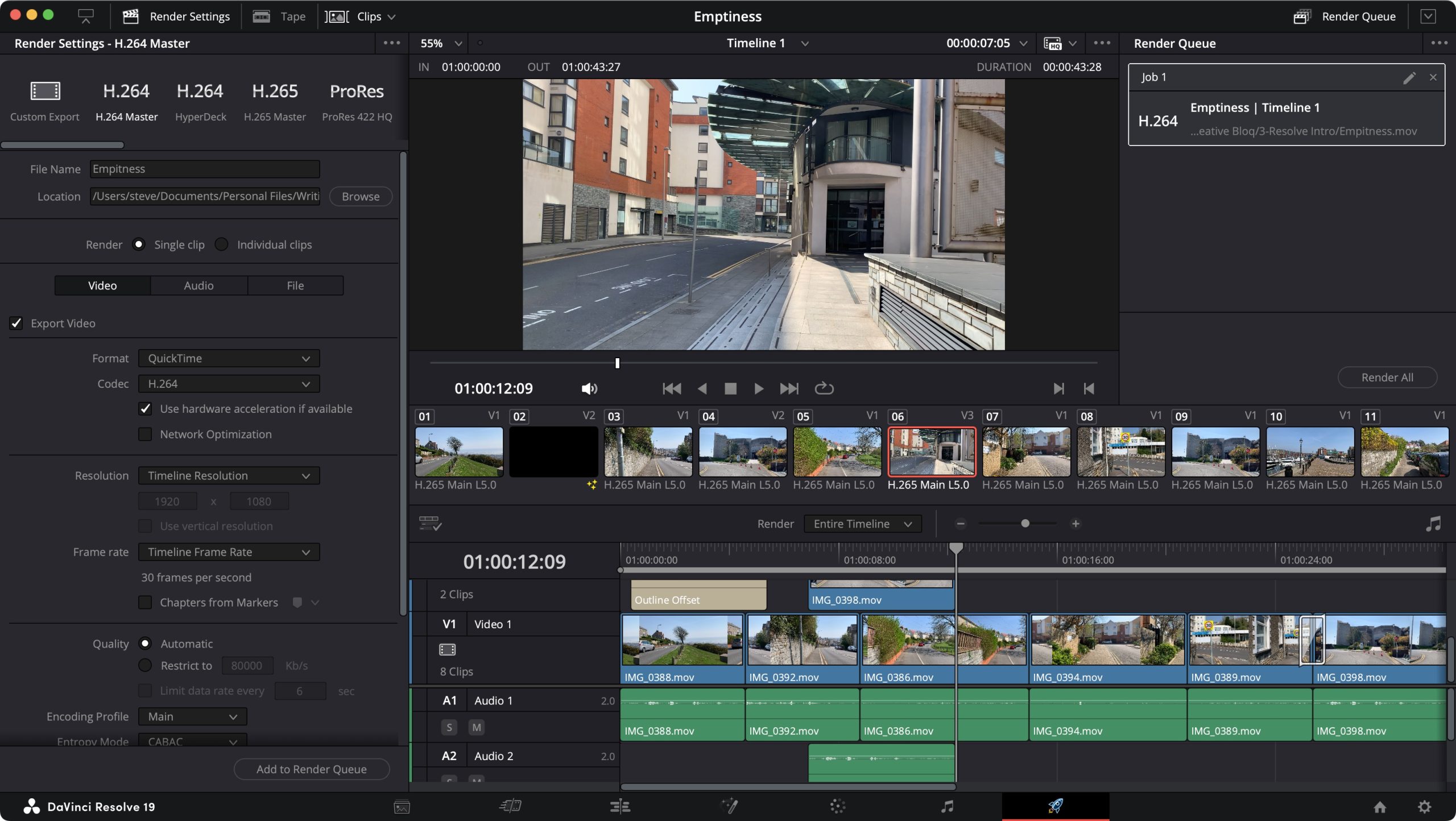 Страница Deliver в DaVinci Resolve с настройками экспорта и очередью рендера