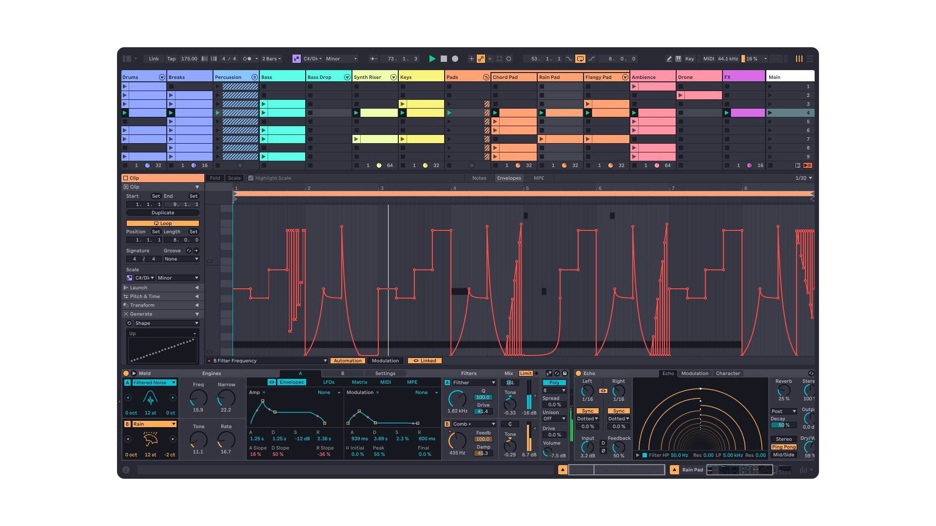 Интерфейс Ableton Live 12 с клипами, редактором и устройствами