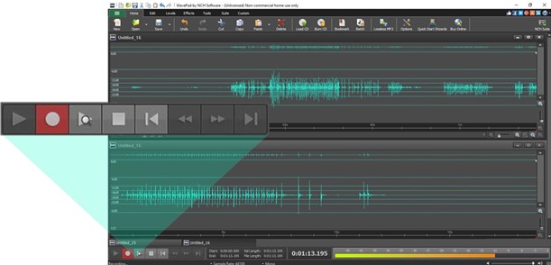 Рабочее окно WavePad с двумя волновыми дорожками и транспортными кнопками