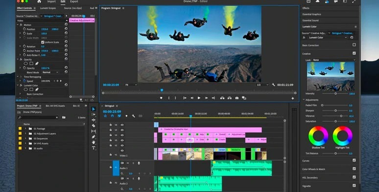 Интерфейс Adobe Premiere Pro с таймлайном и предпросмотром GoPro-видео